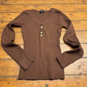 The Work Shop Brown Ribbed Long Sleeve Henley Top V-Neck Gold Buttons M